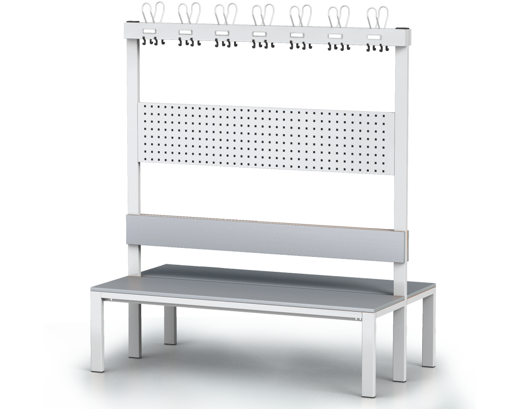 Double-sided benches with backrest and racks, laminated desk -  basic version 1800 x 1500 x 830